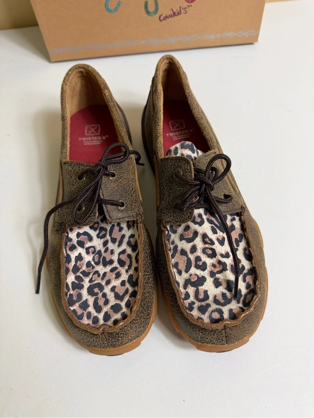 Twisted X Kids' Leopard/Cheetah Boat Shoe Driving Moccasins brown size 6